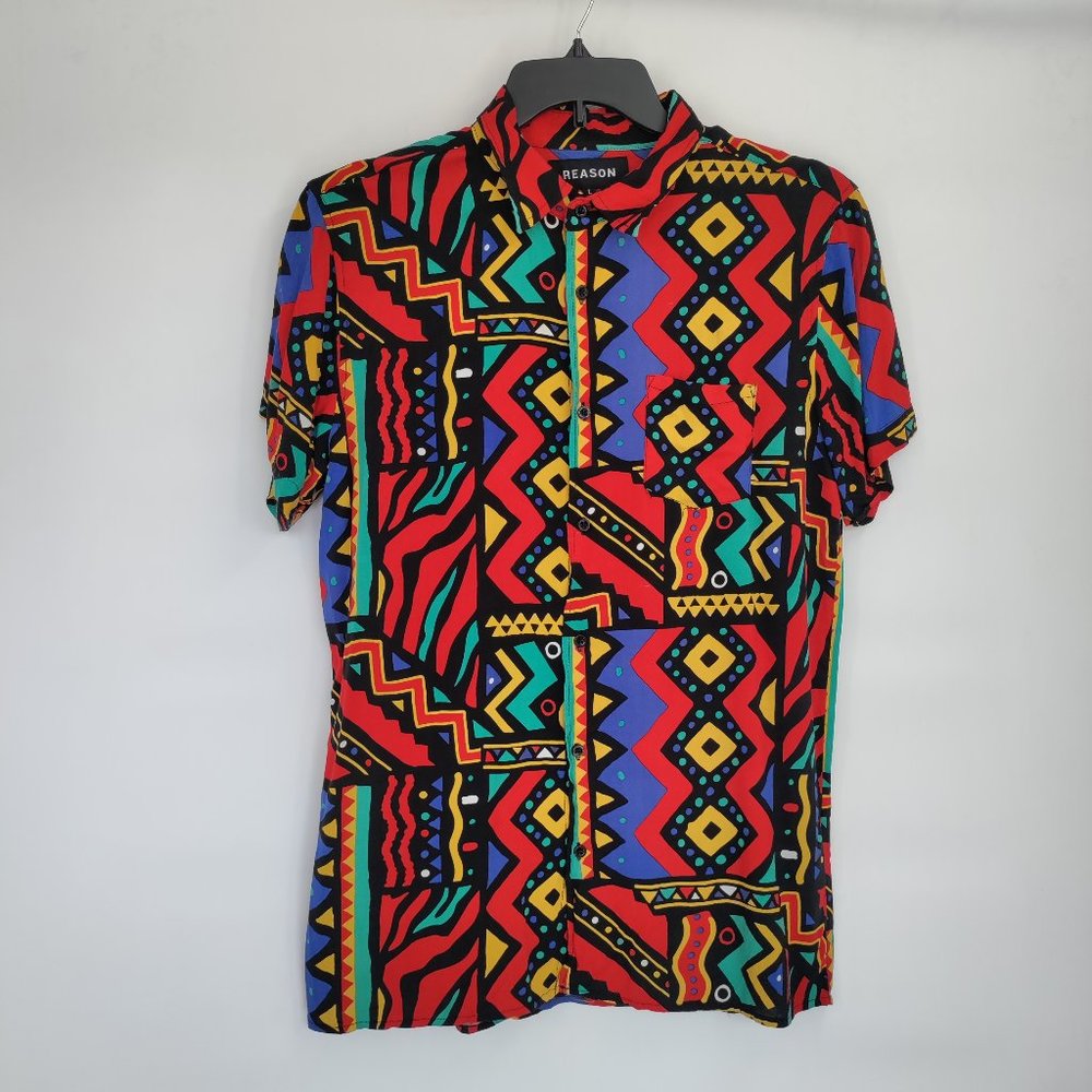 REASON Unity Allover Geometric Print Colorful Shirt Large